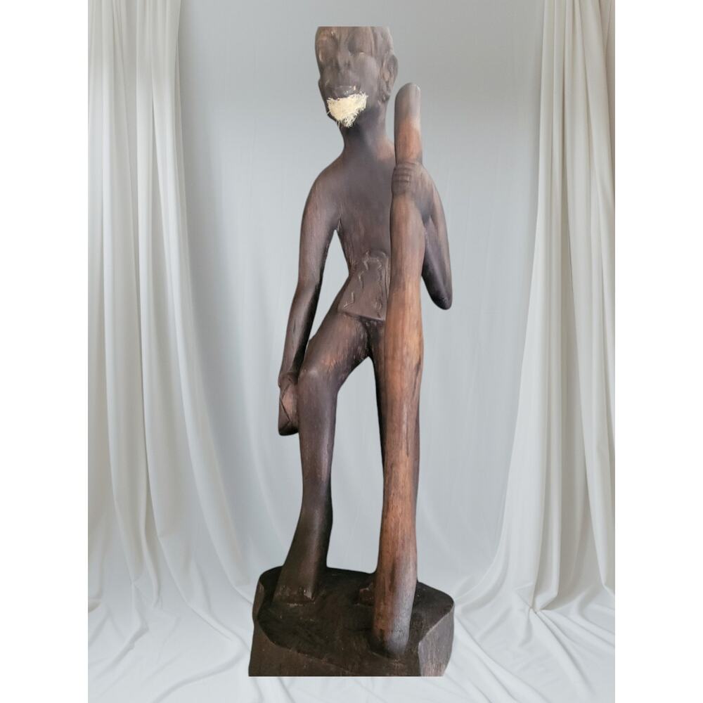 Vtg Unbranded Hand Carved Wood Statue Male Figure 16in Brown Folk Art Sculpture